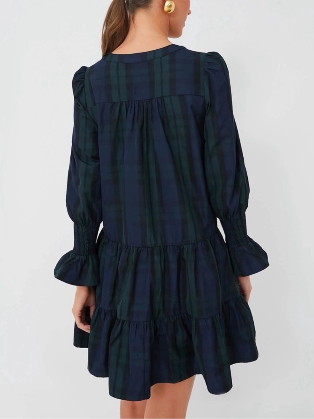 Pomander Place Navy and Green Tiered V‑Neck Plaid Mini Dress - Picture 2 of 6